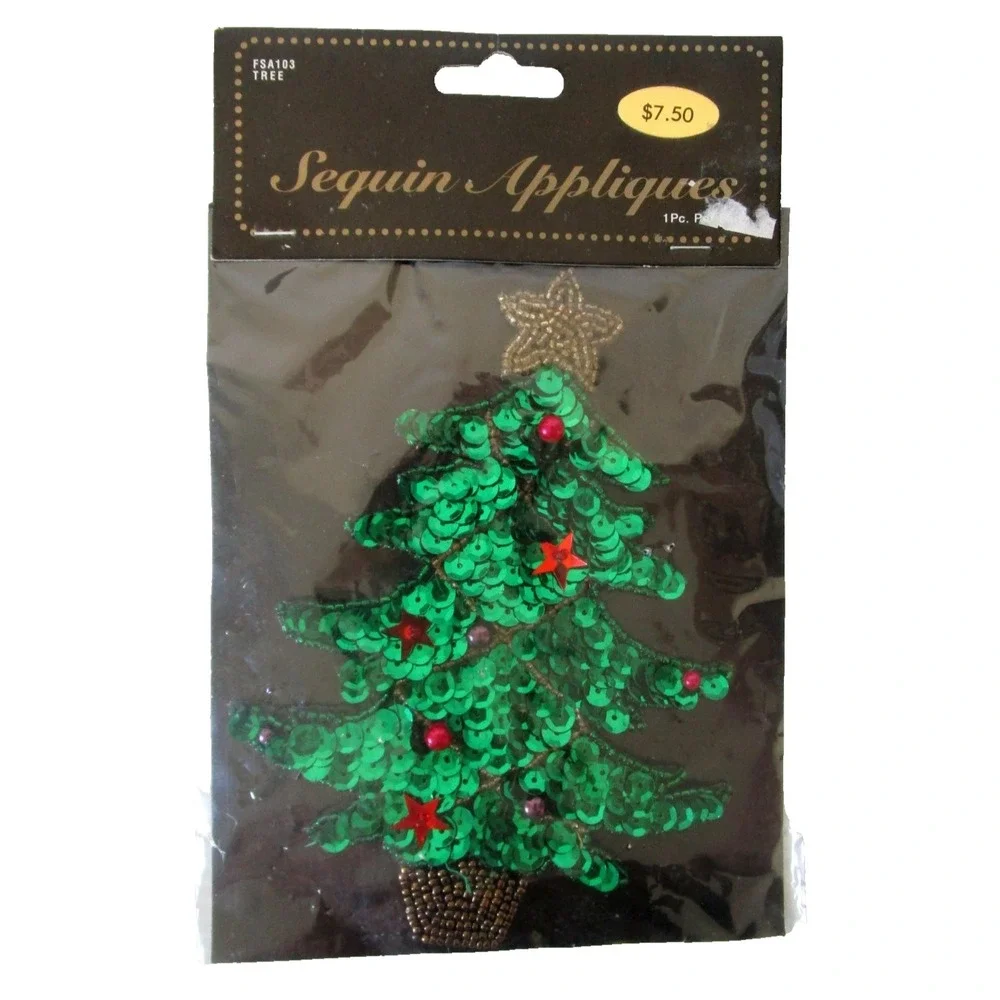 Vintage Christmas Tree Sequin Applique Gold Star Topper New Old Stock 6